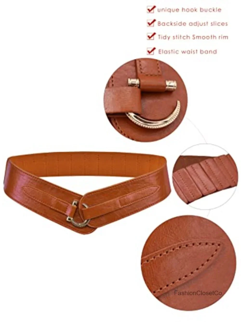 Women Vintage Elastic Waistband Hook Belt Faux Leather